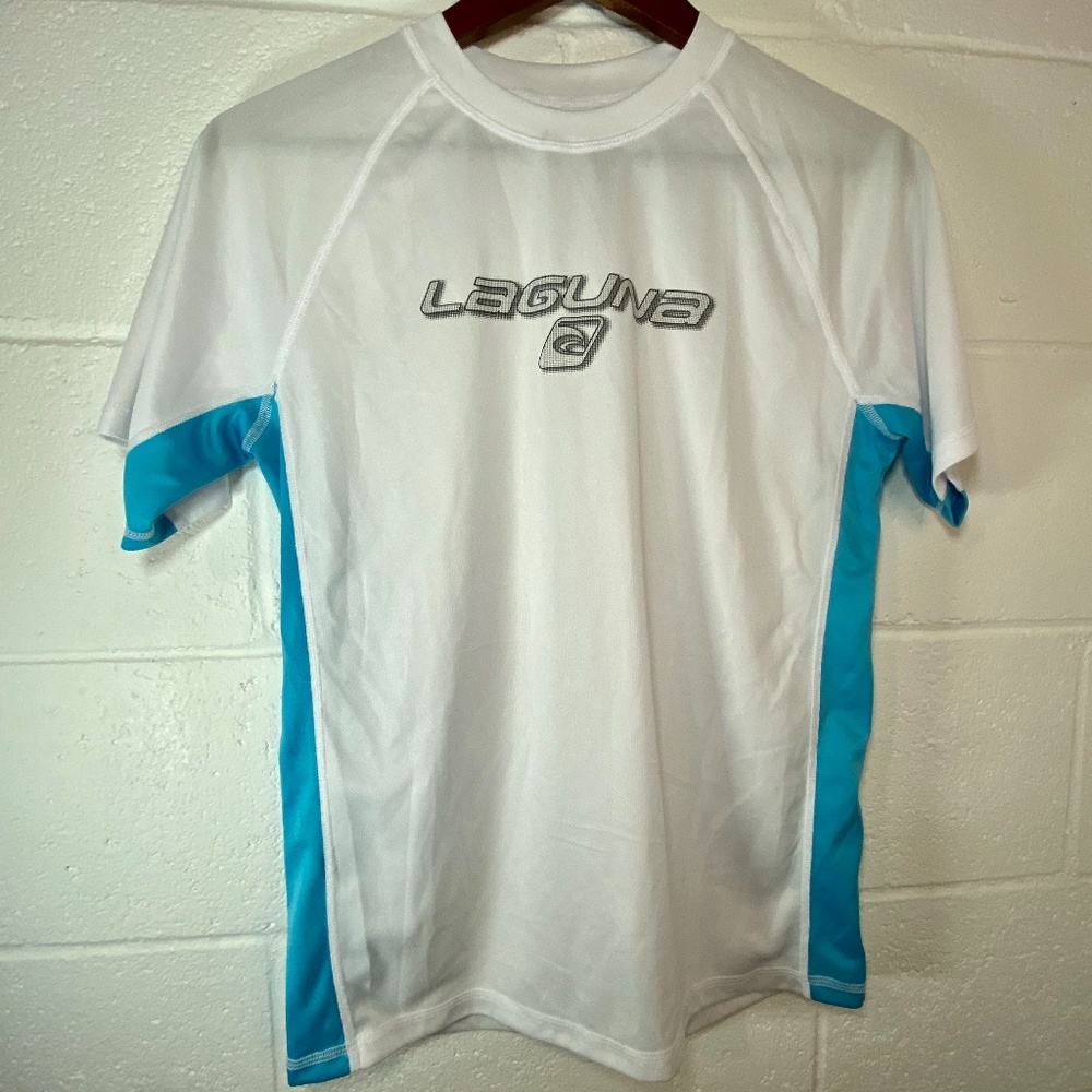Laguna White & Aqua Blue Short Sleeve Rashguard Swim Shirt